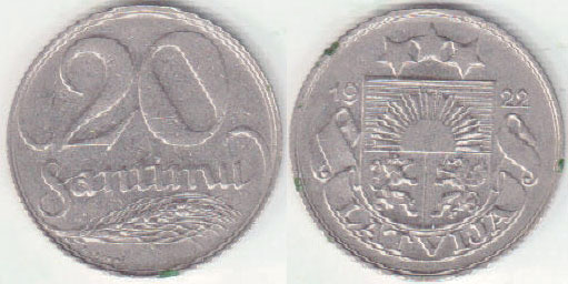 1922 Latvia 20 Santimu A005512*